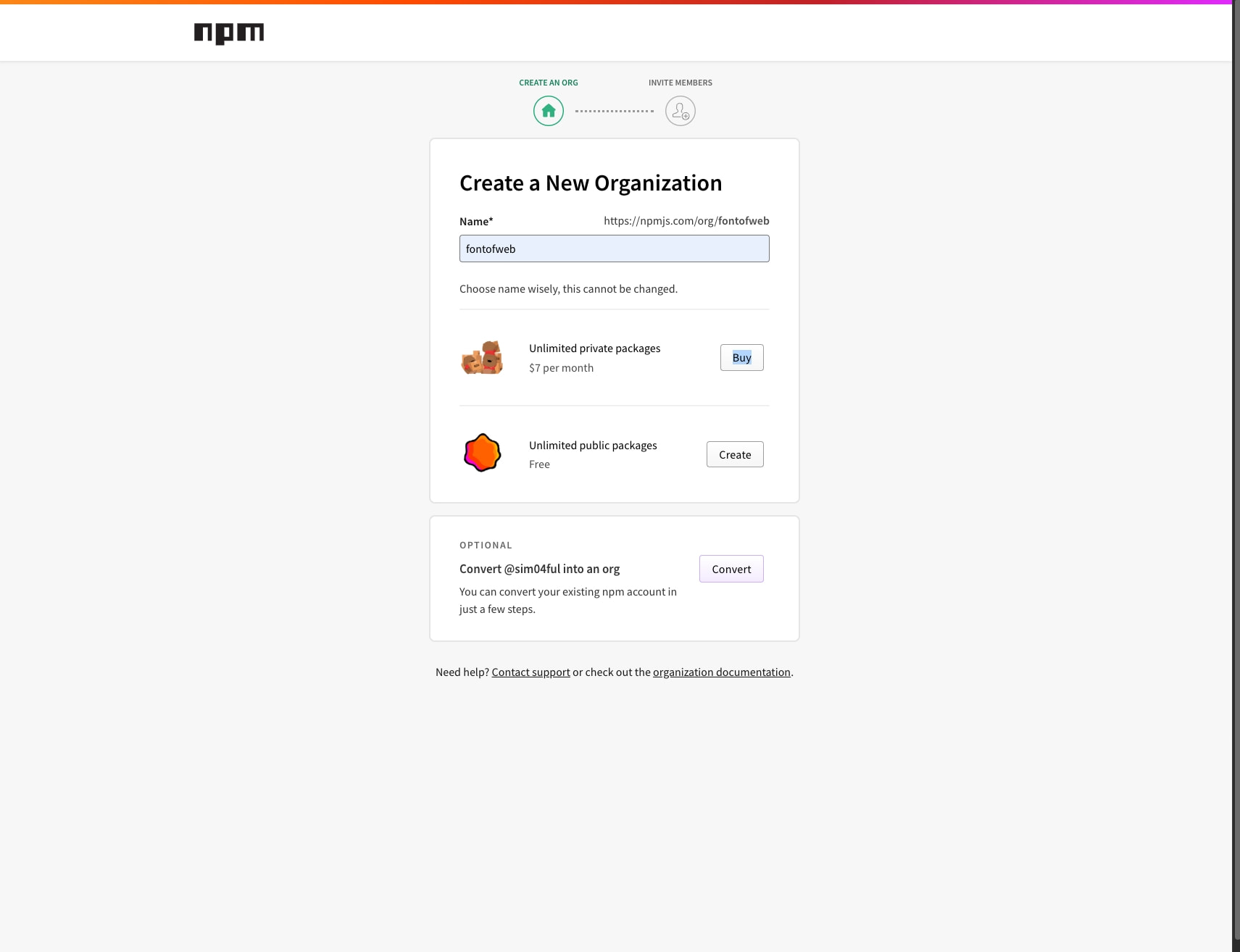 npm | Create New Organization captured website design