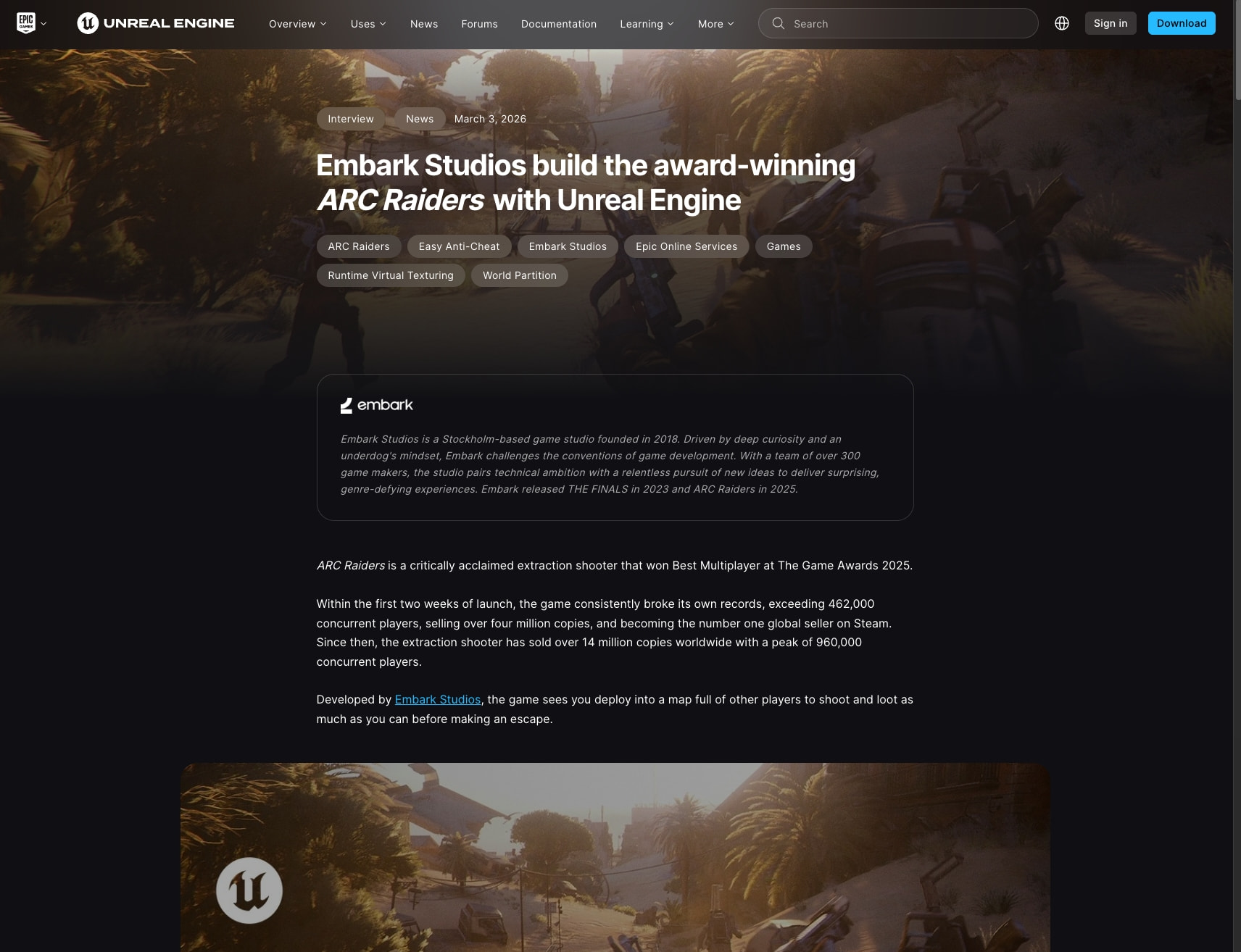 Embark Studios build the award-winning ARC Raiders with Unreal Engine - Unreal Engine captured website design