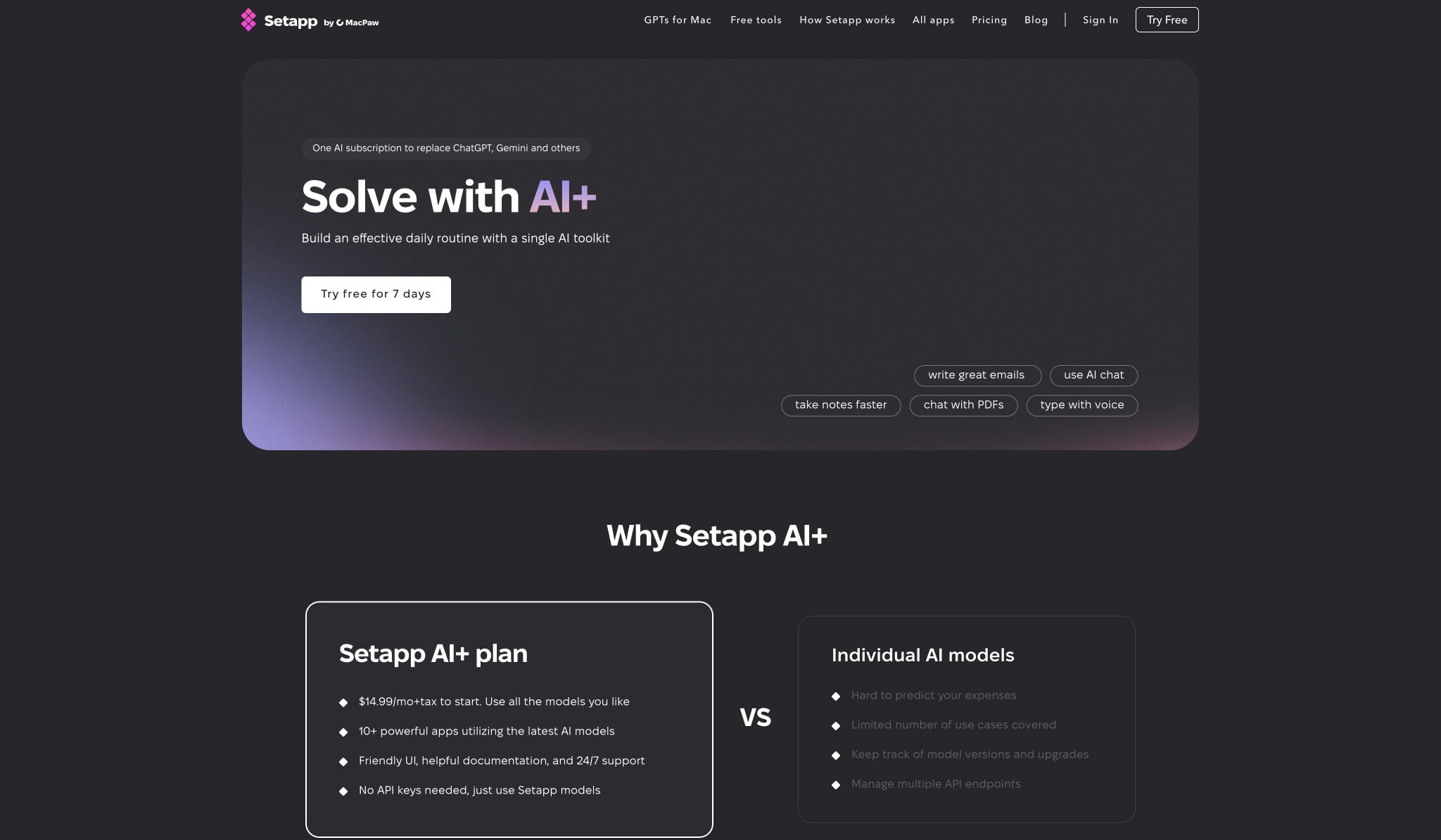 Use GPT5, DALL-E 3, and other AI models within the Setapp AI+ toolkit captured website design