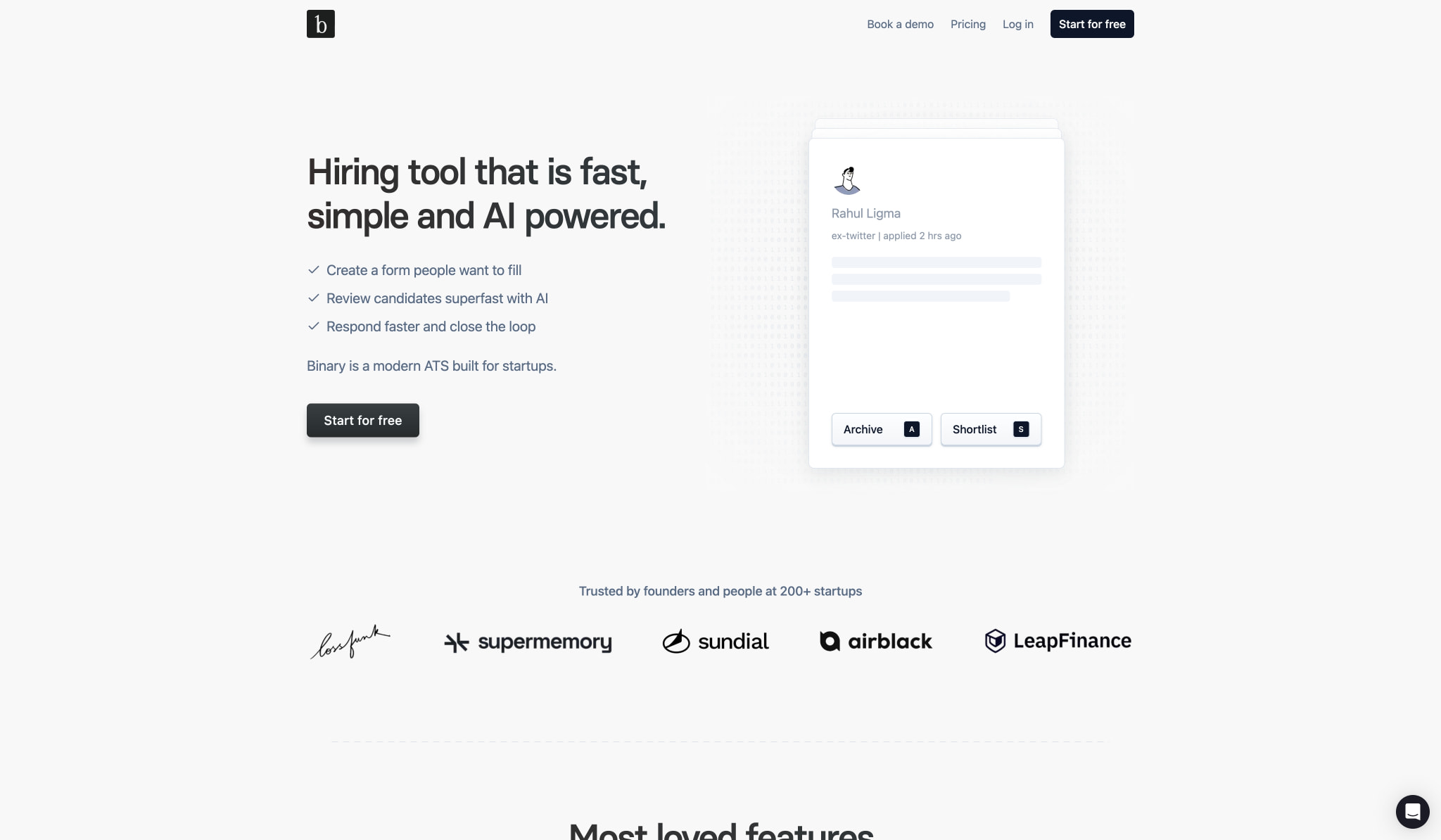 Binary | Hiring software that is fast, simple and AI powered captured website design