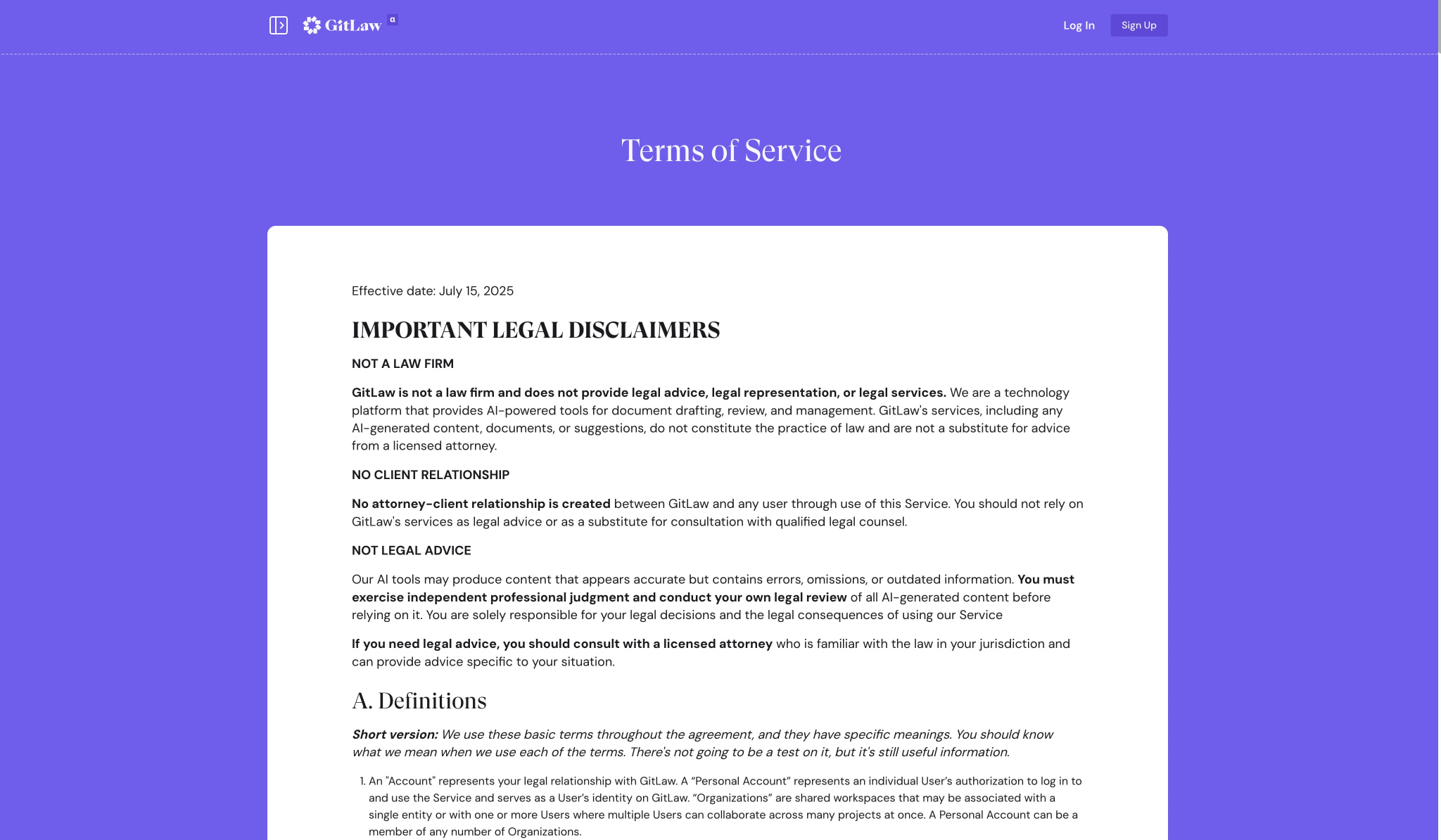 GitLaw Terms of Service captured website design