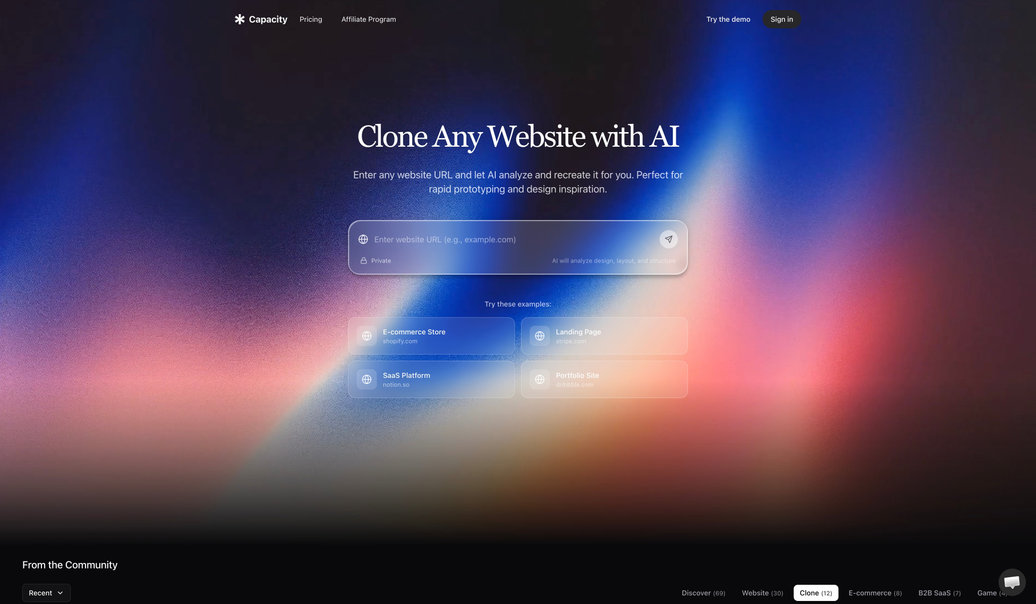 Clone Website AI - Duplicate Any Website with AI in Seconds | Capacity captured website design
