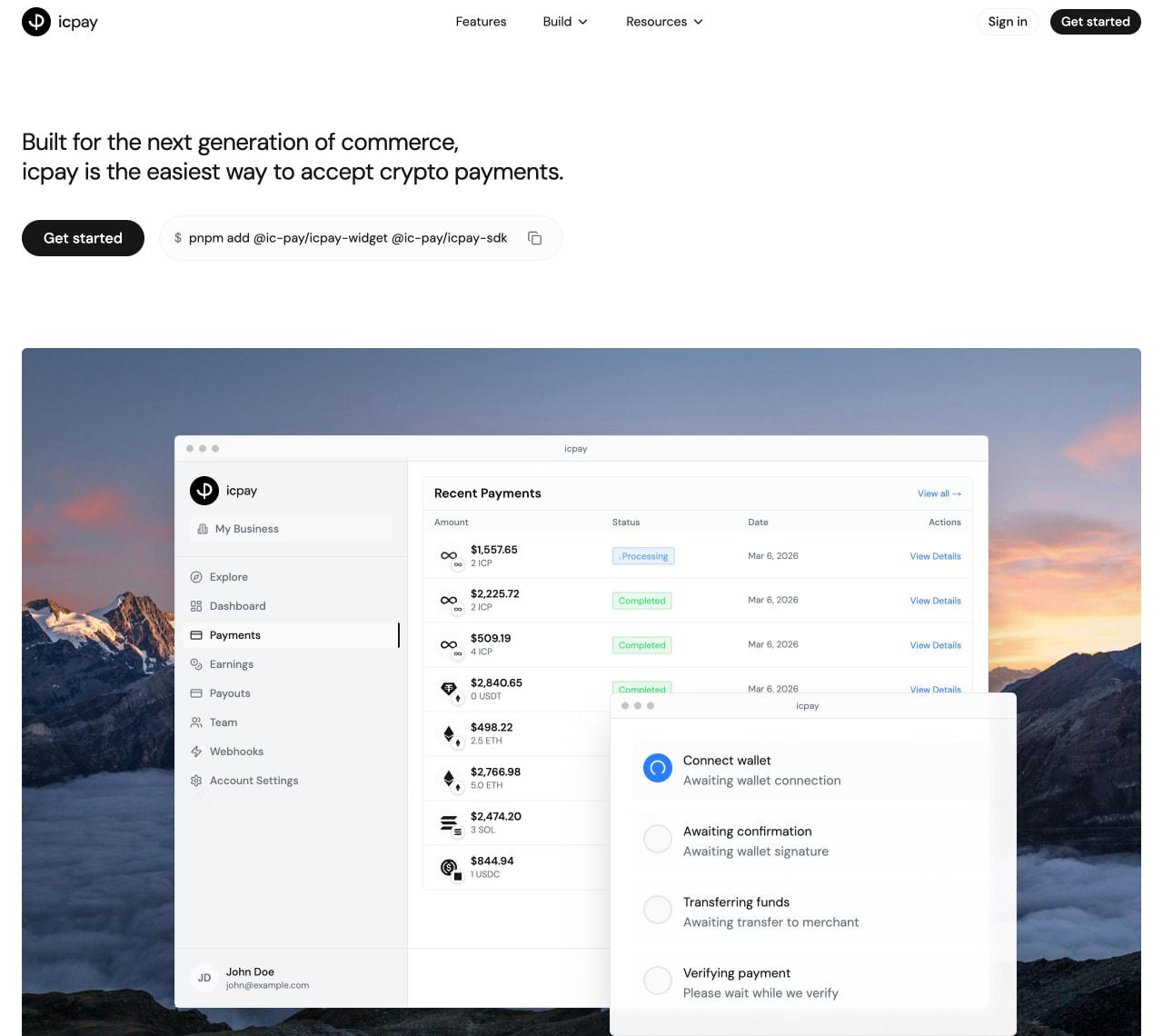 icpay - Instant crypto payments. | icpay captured website design