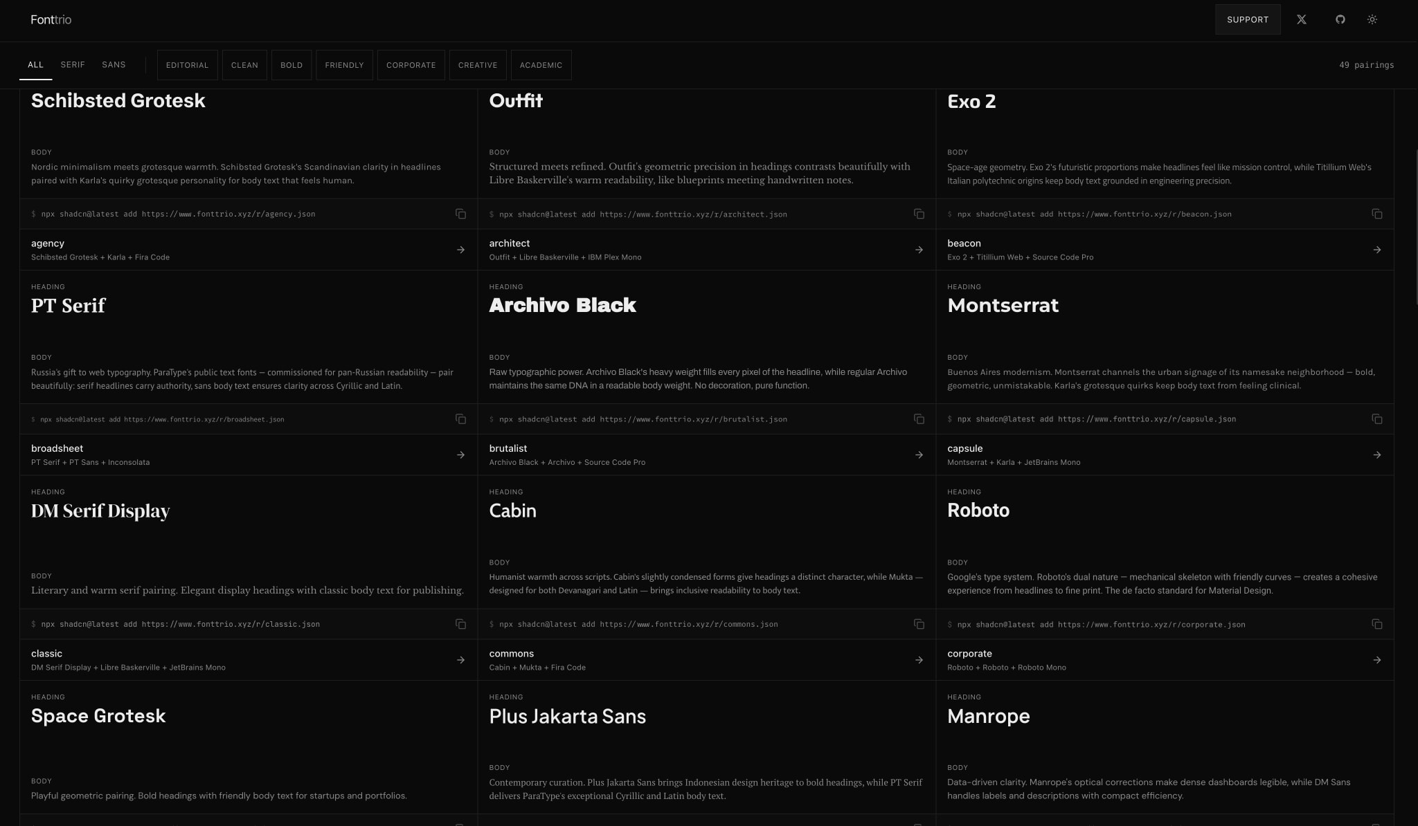 Fonttrio - Font Pairings for shadcn captured website design