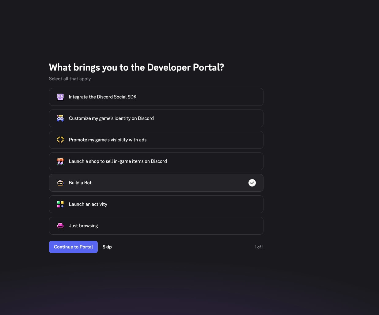 What brings you to the Developer Portal? | Discord Developer Portal captured website design