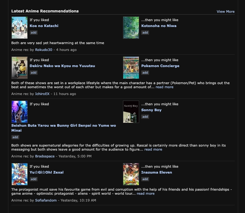 Latest Anime Recommendations feed with paired anime thumbnails, blue title links, gray add buttons, recommendation text, and attribution timestamps on dark background captured website design