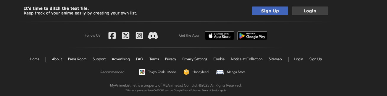 Site footer with dark charcoal background, white signup CTA text, blue primary button, gray secondary button, social media icons, app store badges, and legal links row captured website design