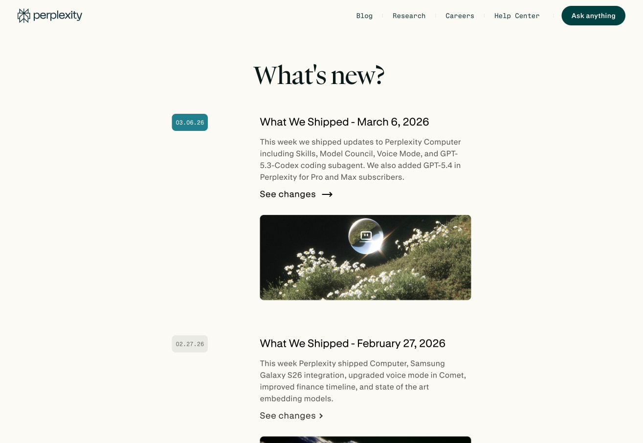 Perplexity Changelog captured website design