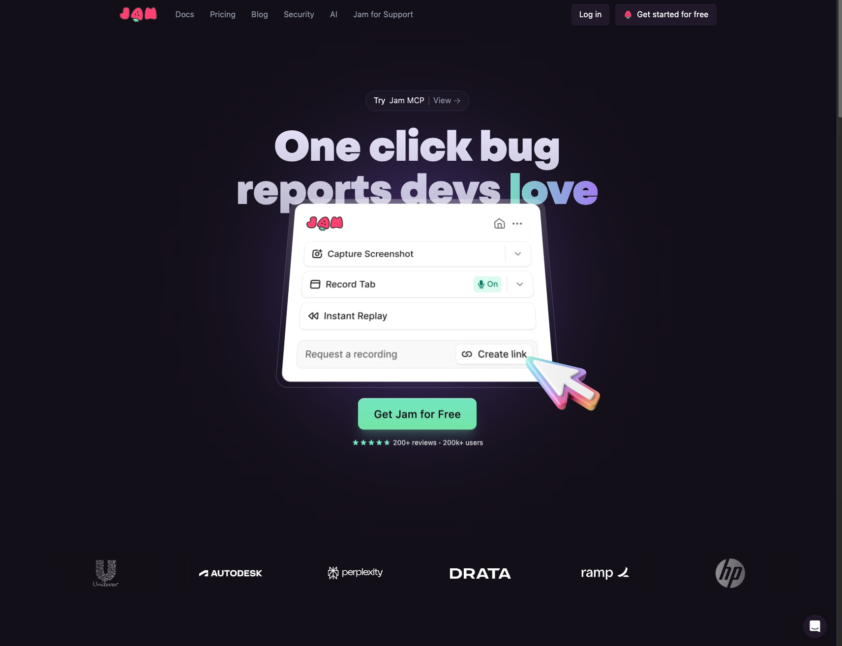 Jam | Build a bug-free product. captured website design
