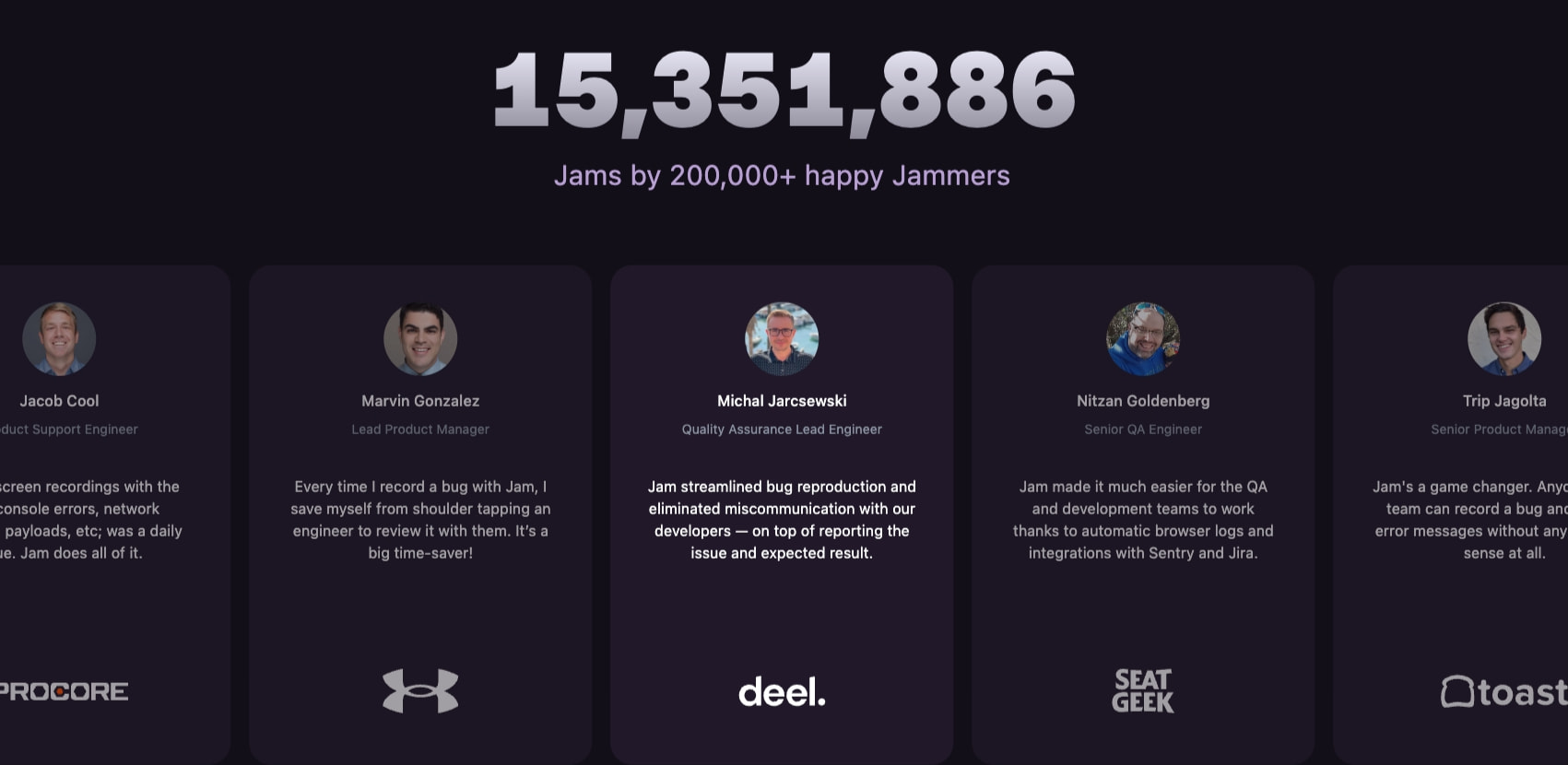 Jam | Build a bug-free product. captured website design