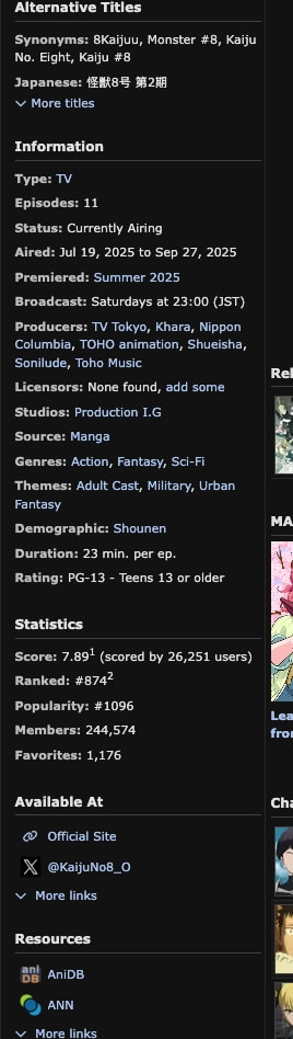 Anime detail page information sidebar with dark background, white section headers, and blue accent links showing production metadata and statistics for Kaiju No. 8 Season 2 captured website design