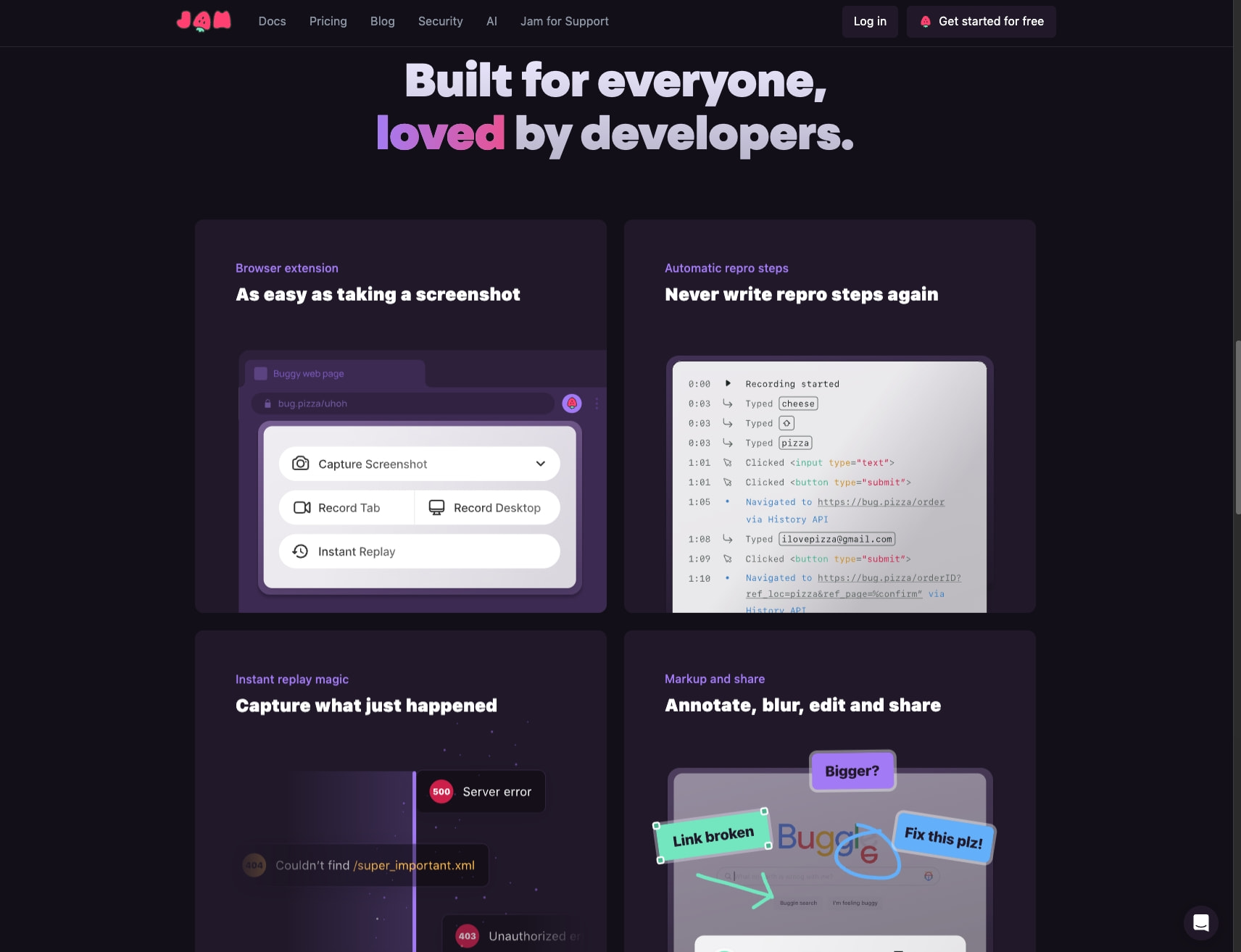 Jam | Build a bug-free product. captured website design