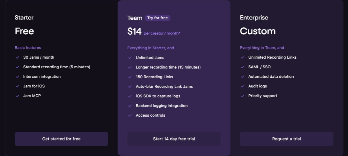 Jam - Pricing captured website design