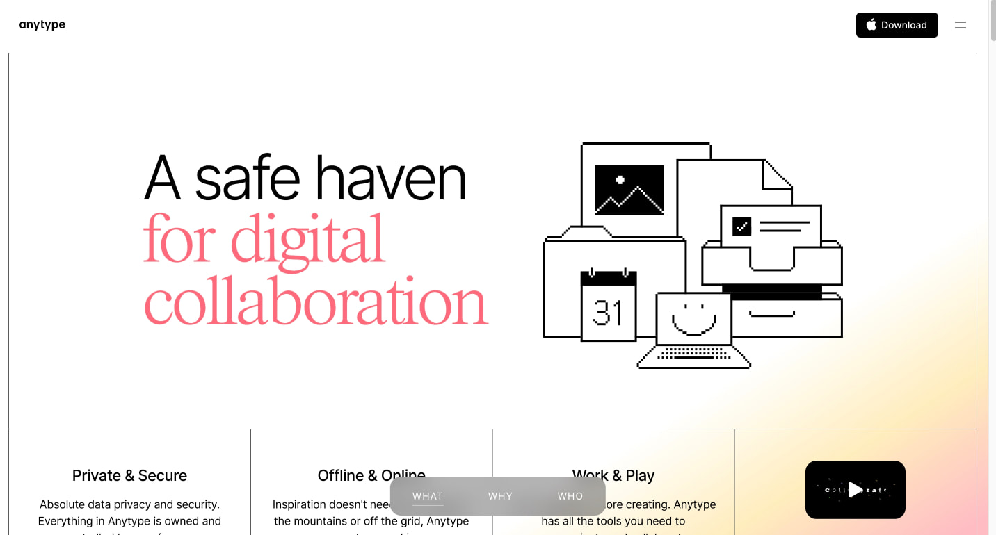 Anytype — A safe haven for digital collaboration captured website design