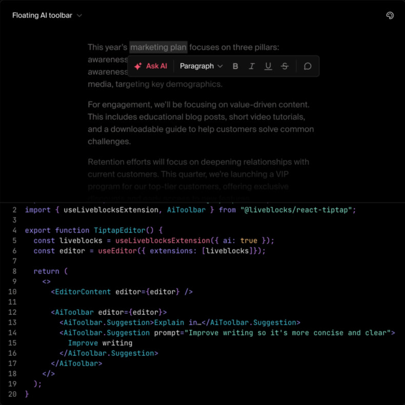 Code editor interface showing syntax-highlighted React code with floating AI toolbar and colored token accents captured website design