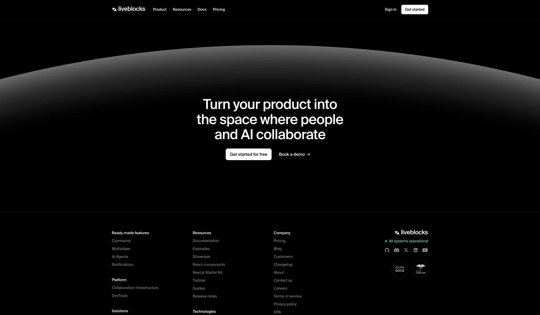 Hero section with centered display headline, white primary button, and curved gradient arc on black background with footer navigation columns captured website design