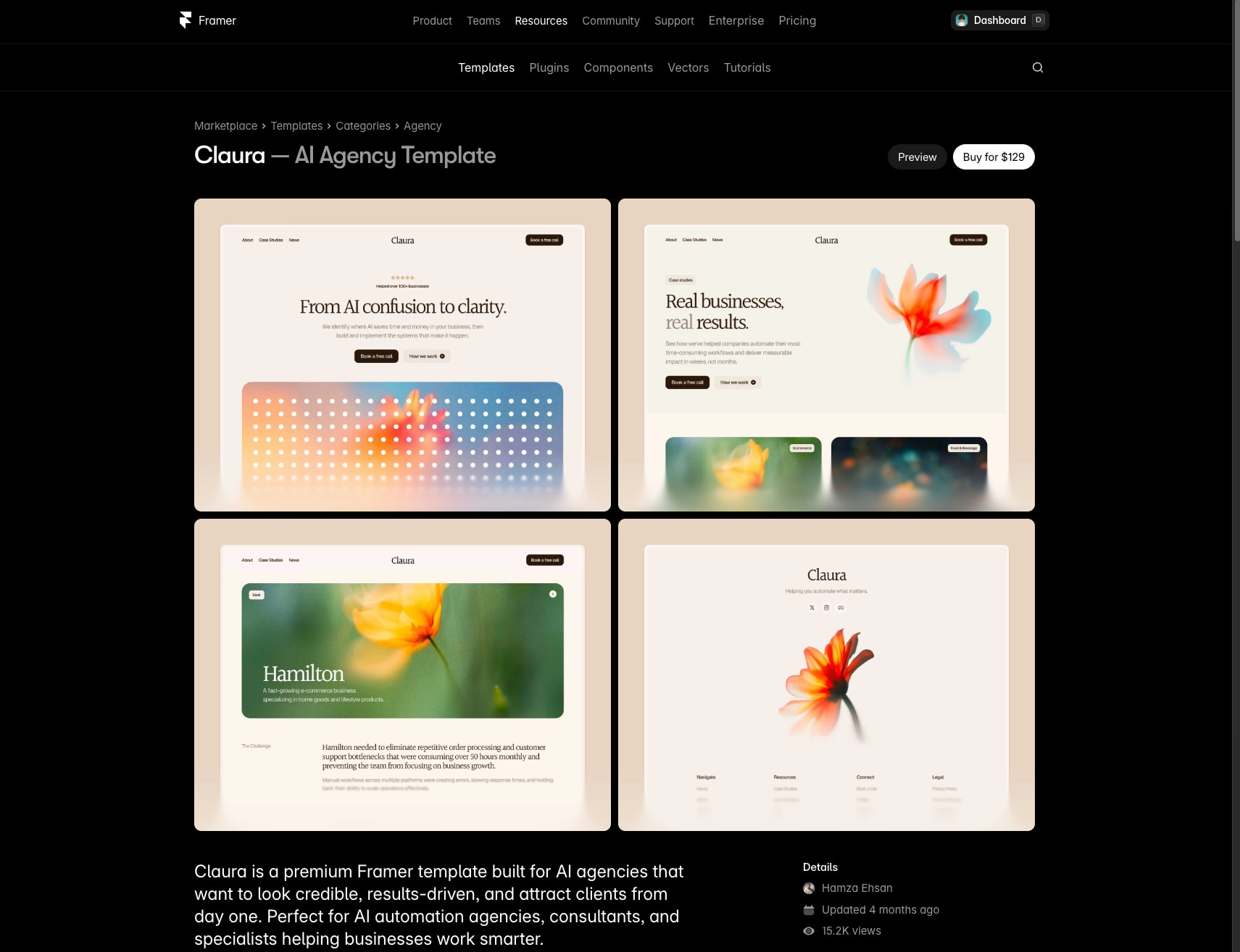 Claura: Responsive Agency Website Template by Hamza Ehsan — Framer Marketplace captured website design