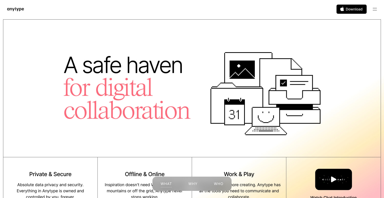 Anytype — A safe haven for digital collaboration captured website design