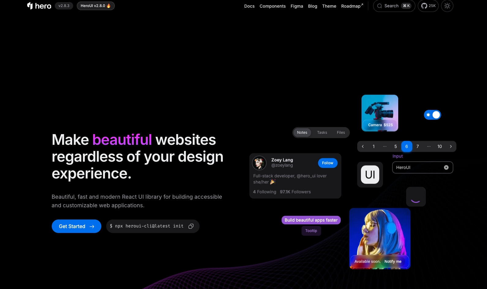 HeroUI (Previously NextUI) - Beautiful, fast and modern React UI Library captured website design