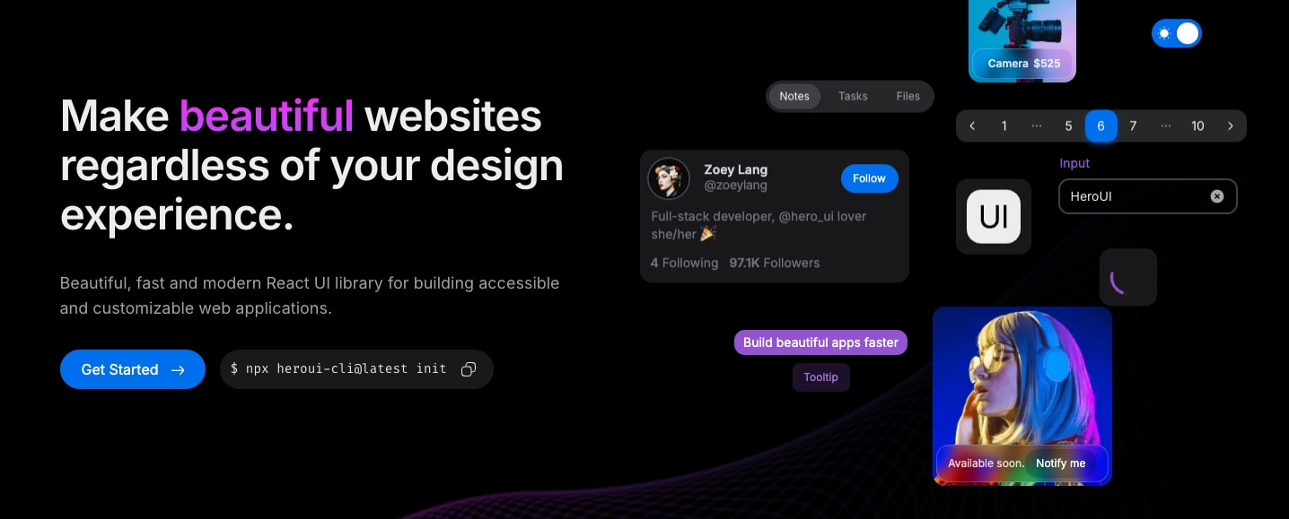 HeroUI (Previously NextUI) - Beautiful, fast and modern React UI Library captured website design