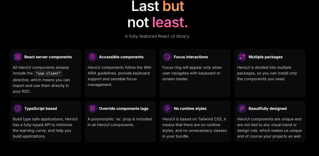 Features grid with eight dark cards, gradient headline text, and purple circular icons with white symbols. captured website design