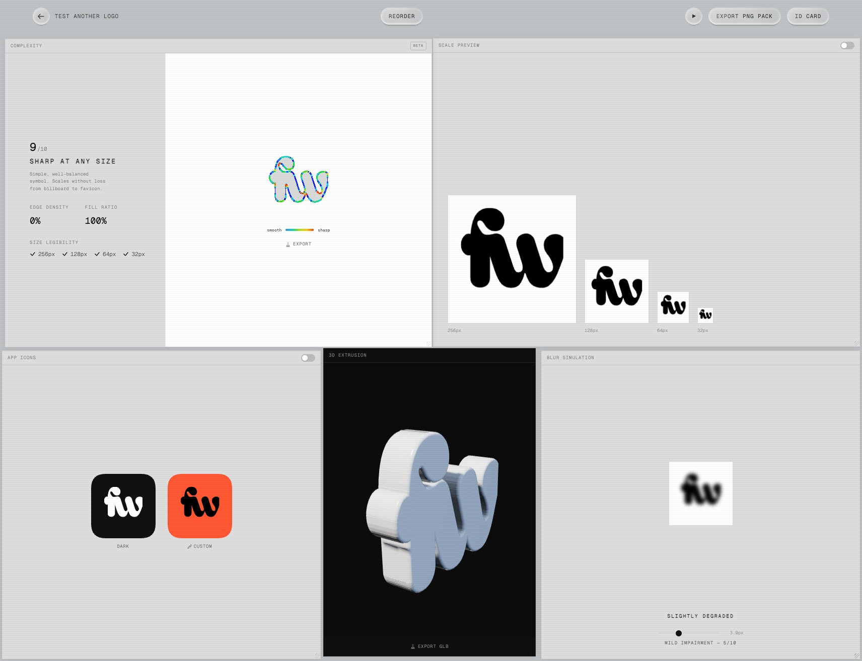 Full dashboard interface with light gray chrome, logo complexity analysis panel, multi-size scale preview, app icon variants, 3D extrusion render, and blur simulation sections captured website design