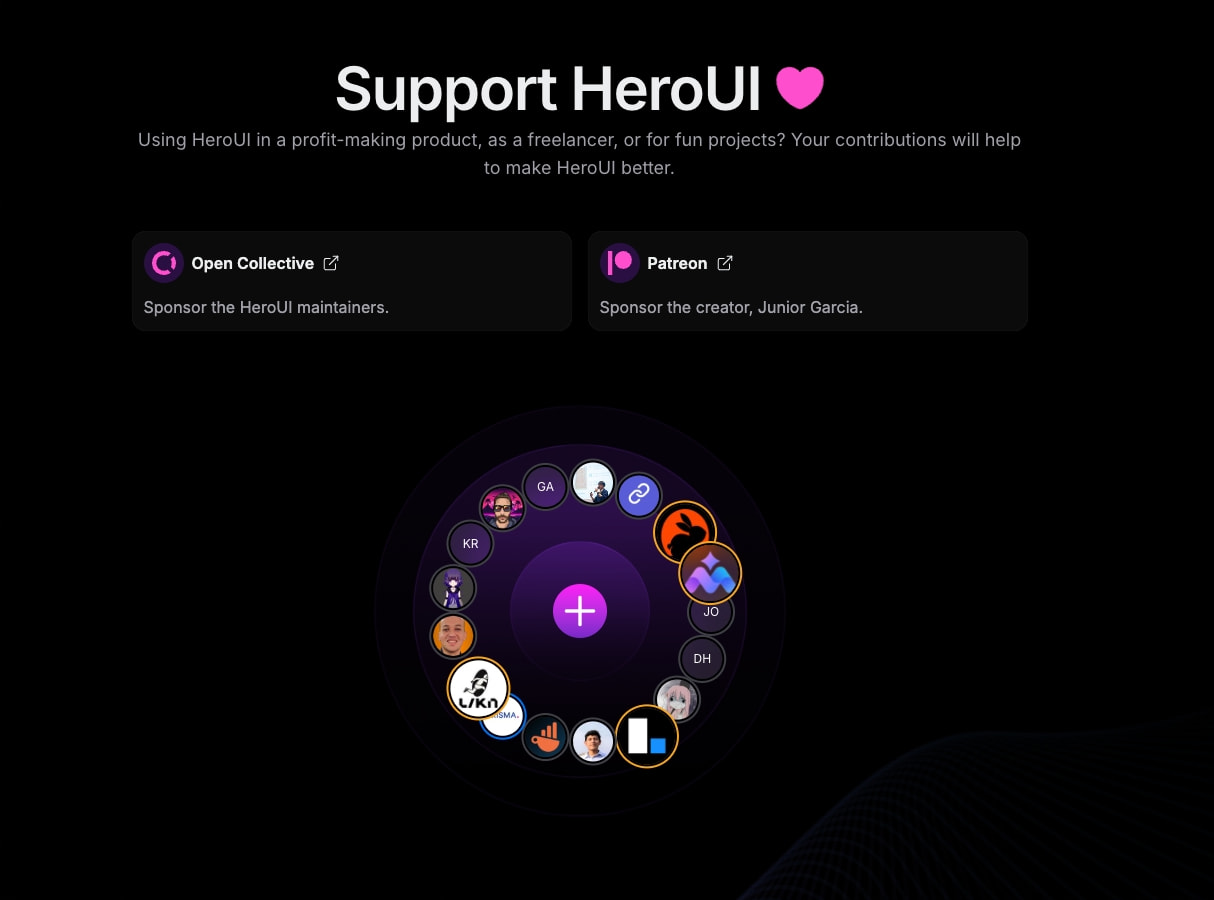 Support section with sponsor orbit visualization, circular avatar ring, and two funding platform cards with gradient icon badges. captured website design