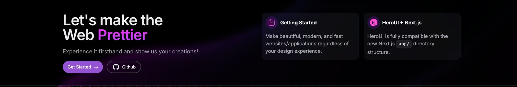 Hero banner with large gradient headline, purple primary button, dark secondary button, and two feature cards with circular icons on a dark background. captured website design