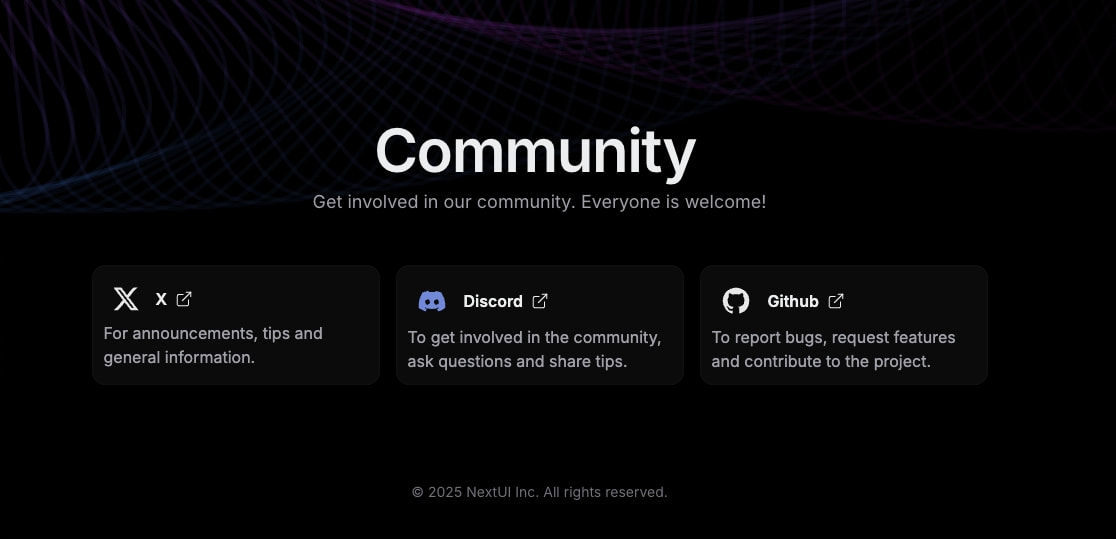 Community section with dark canvas, purple wave mesh gradient, and three social link cards with rounded corners and external-link icons. captured website design