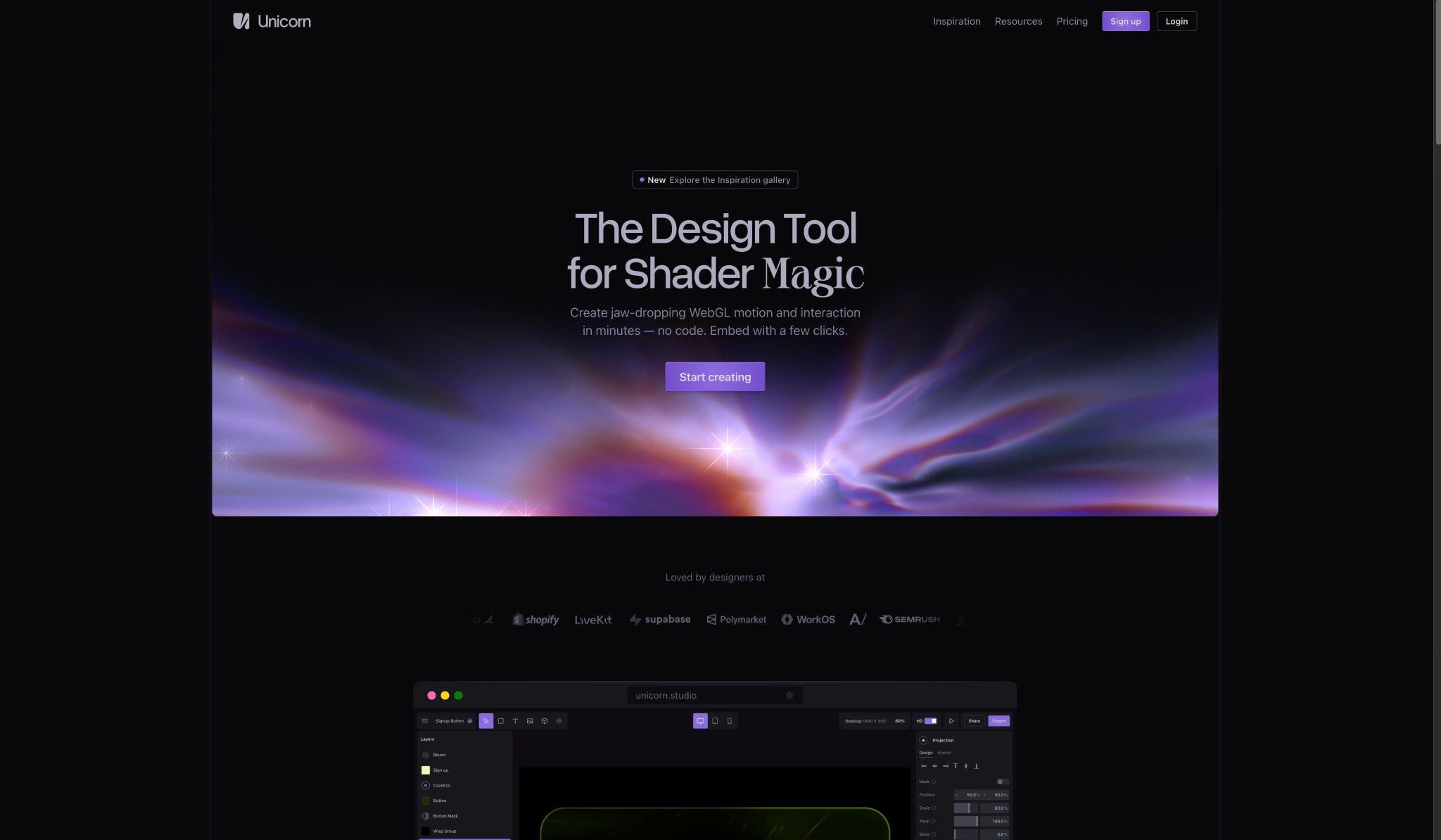 Unicorn Studio — No-code WebGL Tool captured website design