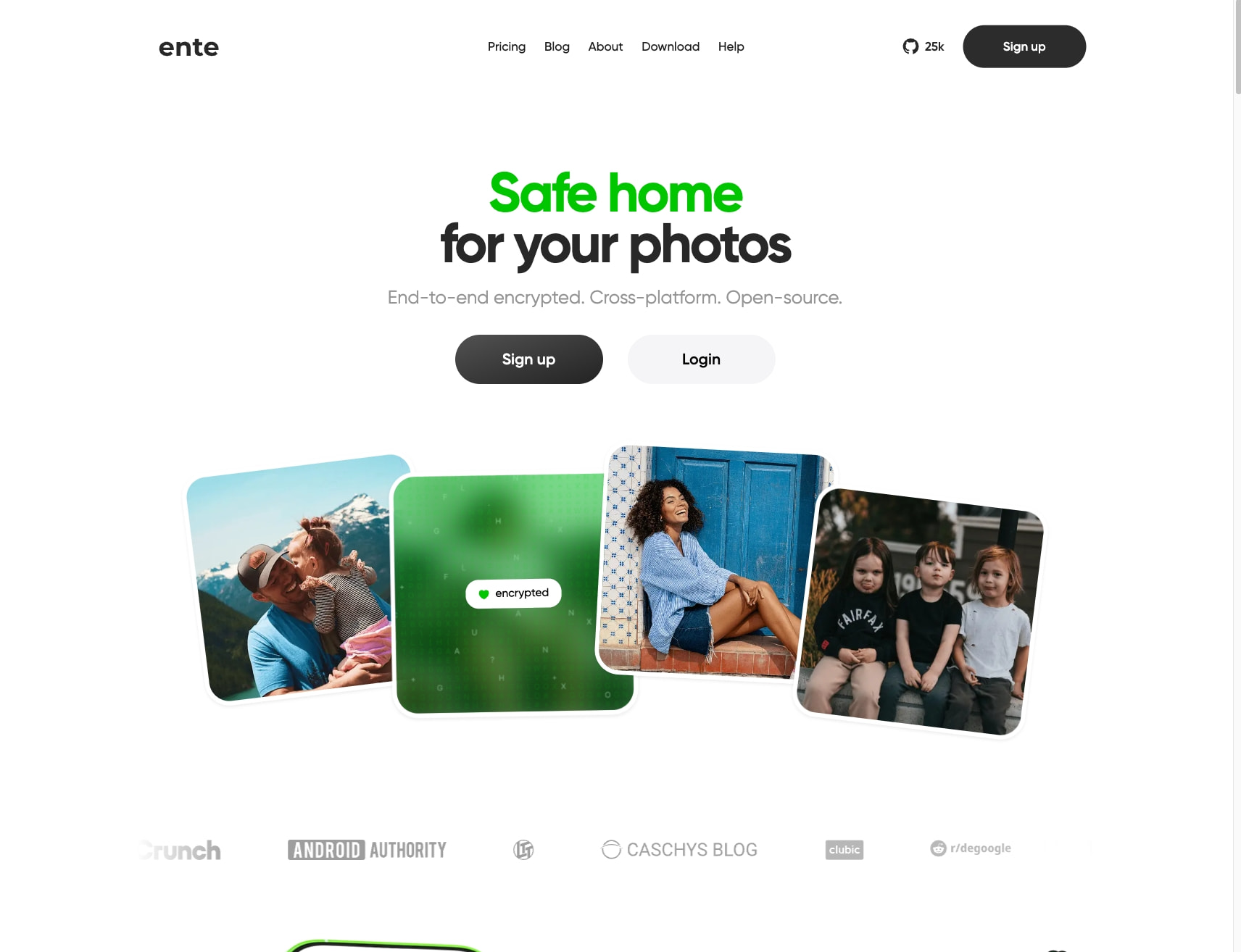 Ente Photos: Store and share your photos with absolute privacy captured website design