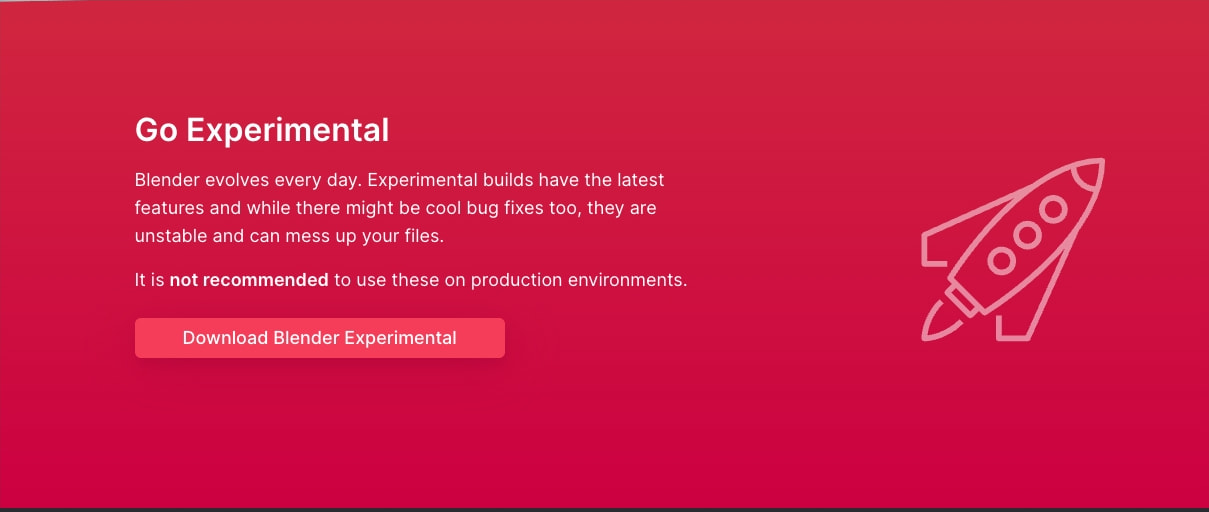 Experimental builds section with crimson background, white typography, and rocket icon on the download page captured website design