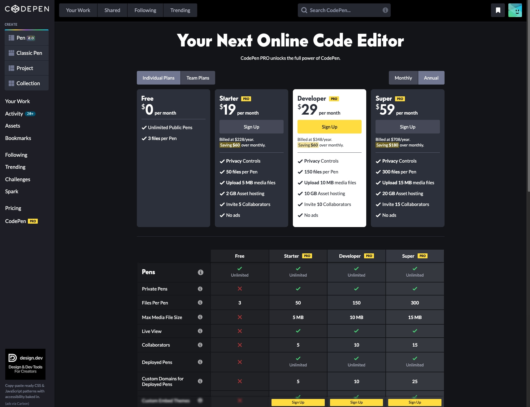 CodePen — PRO Pricing captured website design