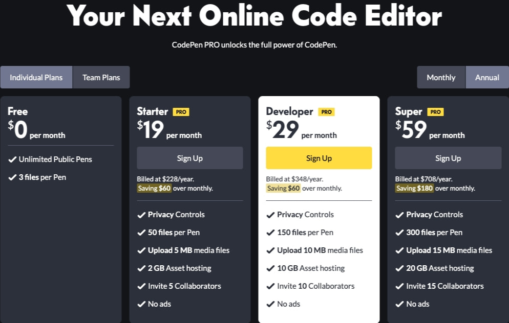 CodePen — PRO Pricing captured website design
