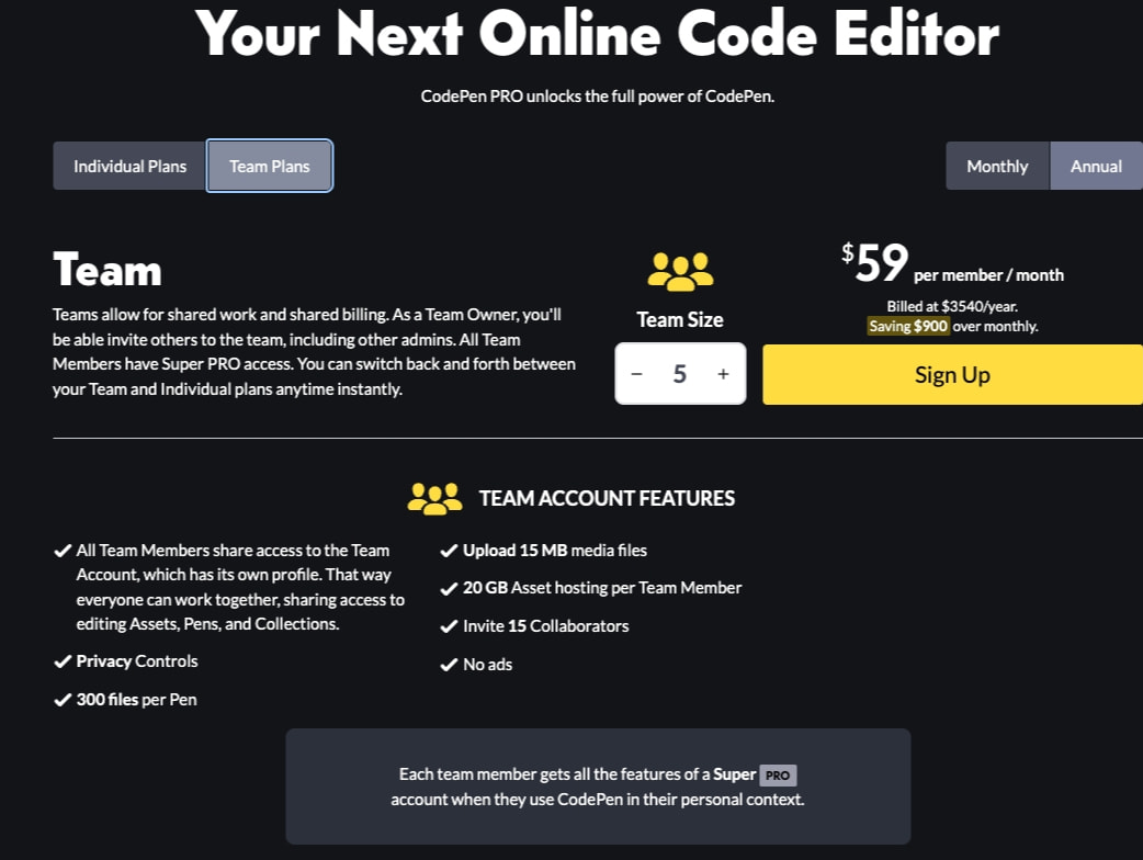 CodePen — PRO Pricing captured website design
