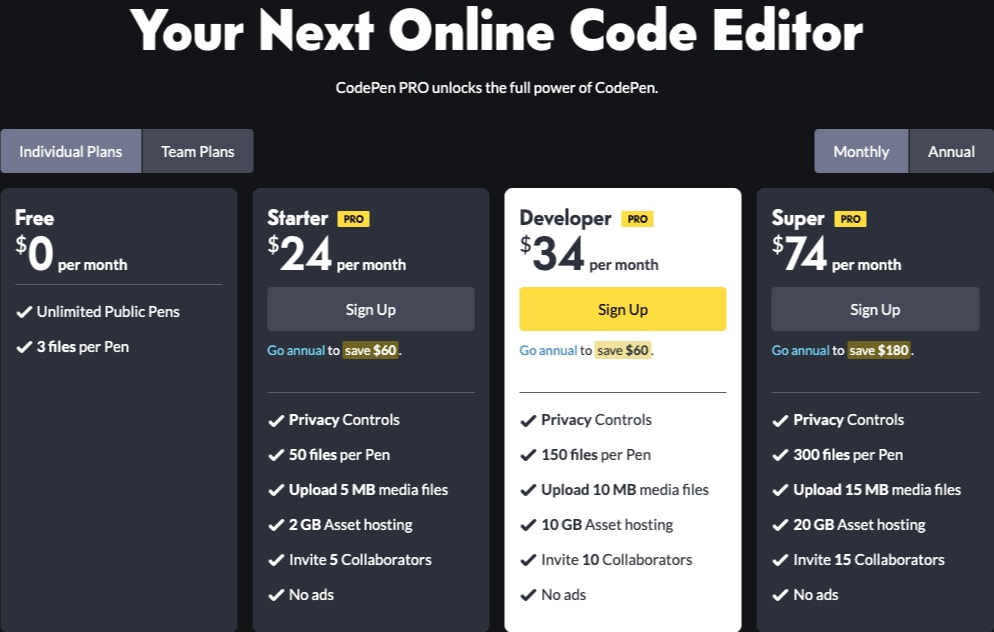 CodePen — PRO Pricing captured website design