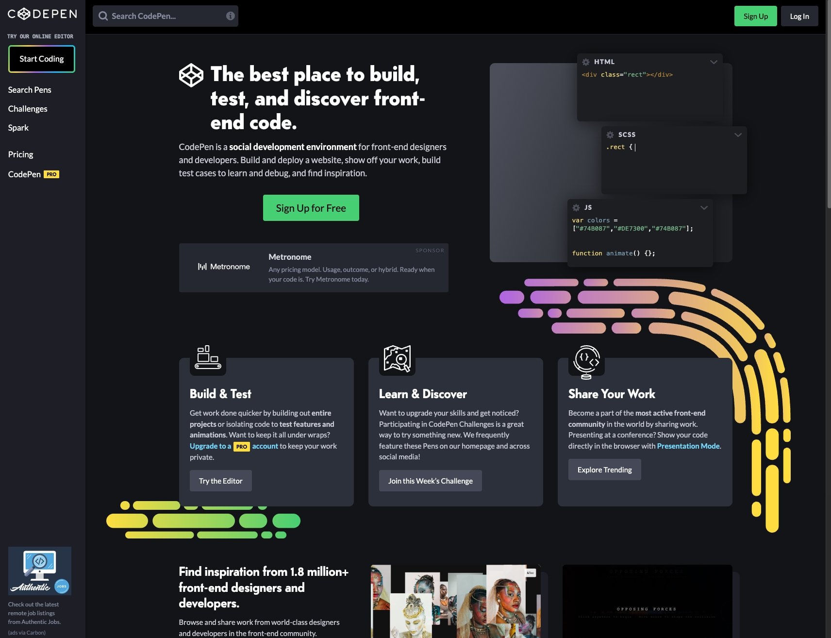 CodePen: Online Code Editor and Front End Web Developer Community captured website design