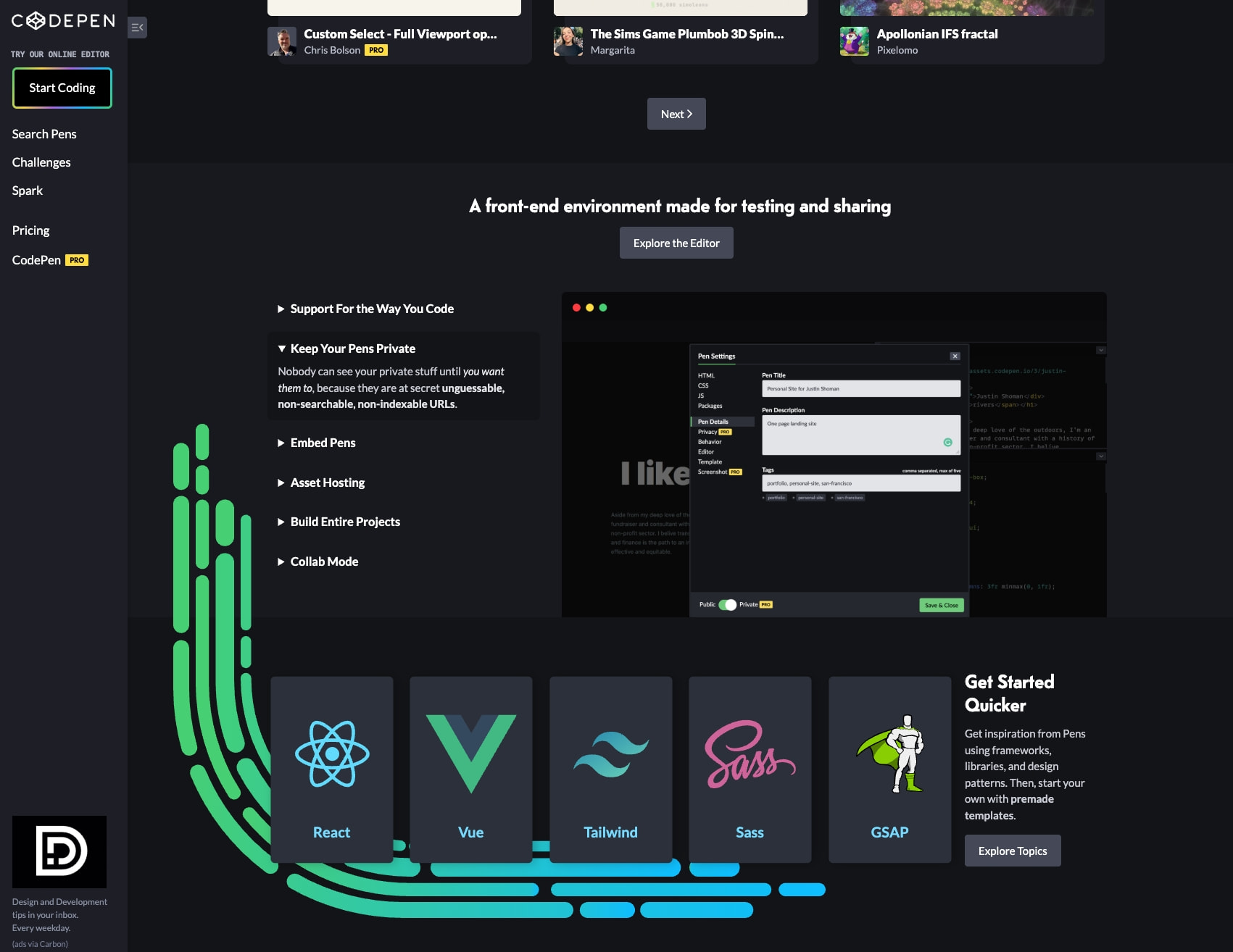 CodePen: Online Code Editor and Front End Web Developer Community captured website design