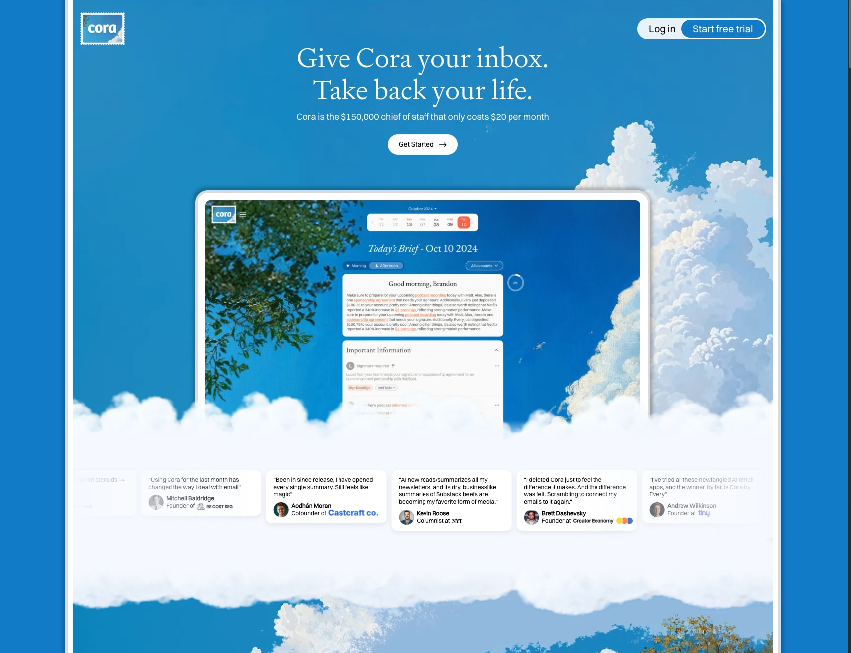 Give Cora your inbox. Take back your life. captured website design