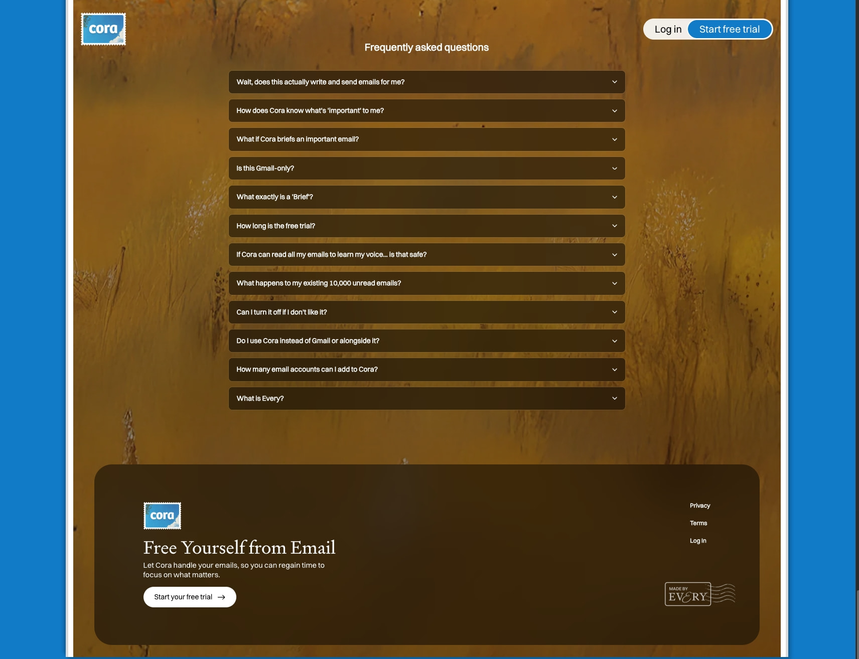 Give Cora your inbox. Take back your life. captured website design