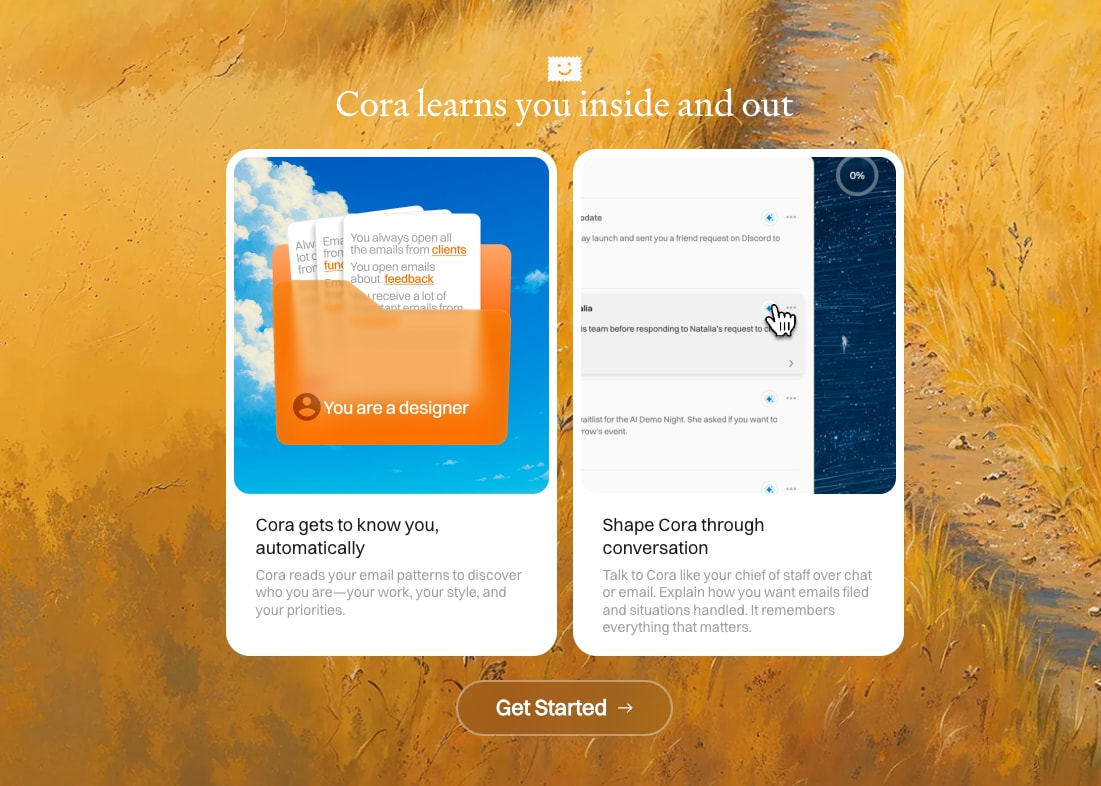 Give Cora your inbox. Take back your life. captured website design