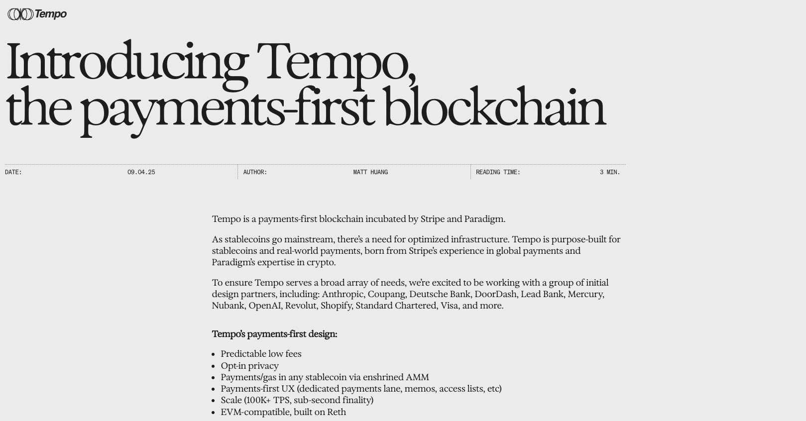 Tempo: The Blockchain Designed for Payments captured website design