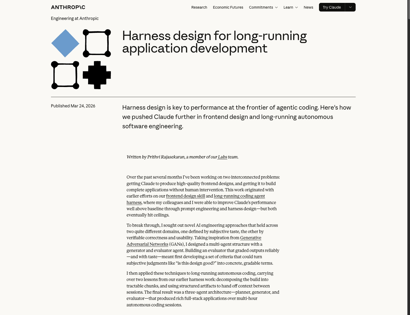 Harness design for long-running application development \ Anthropic captured website design