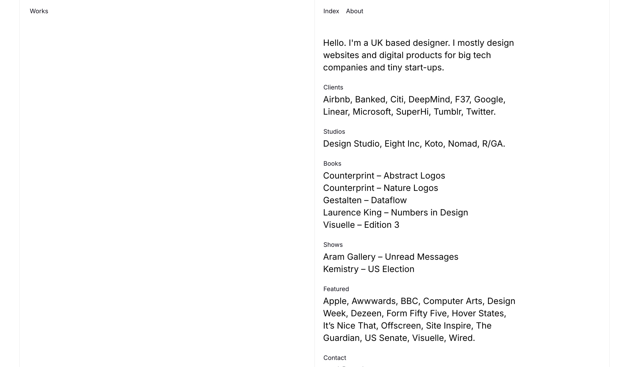 About page with split-pane layout showing biography text, client lists, and navigation links in a minimal black-and-white typographic system captured website design