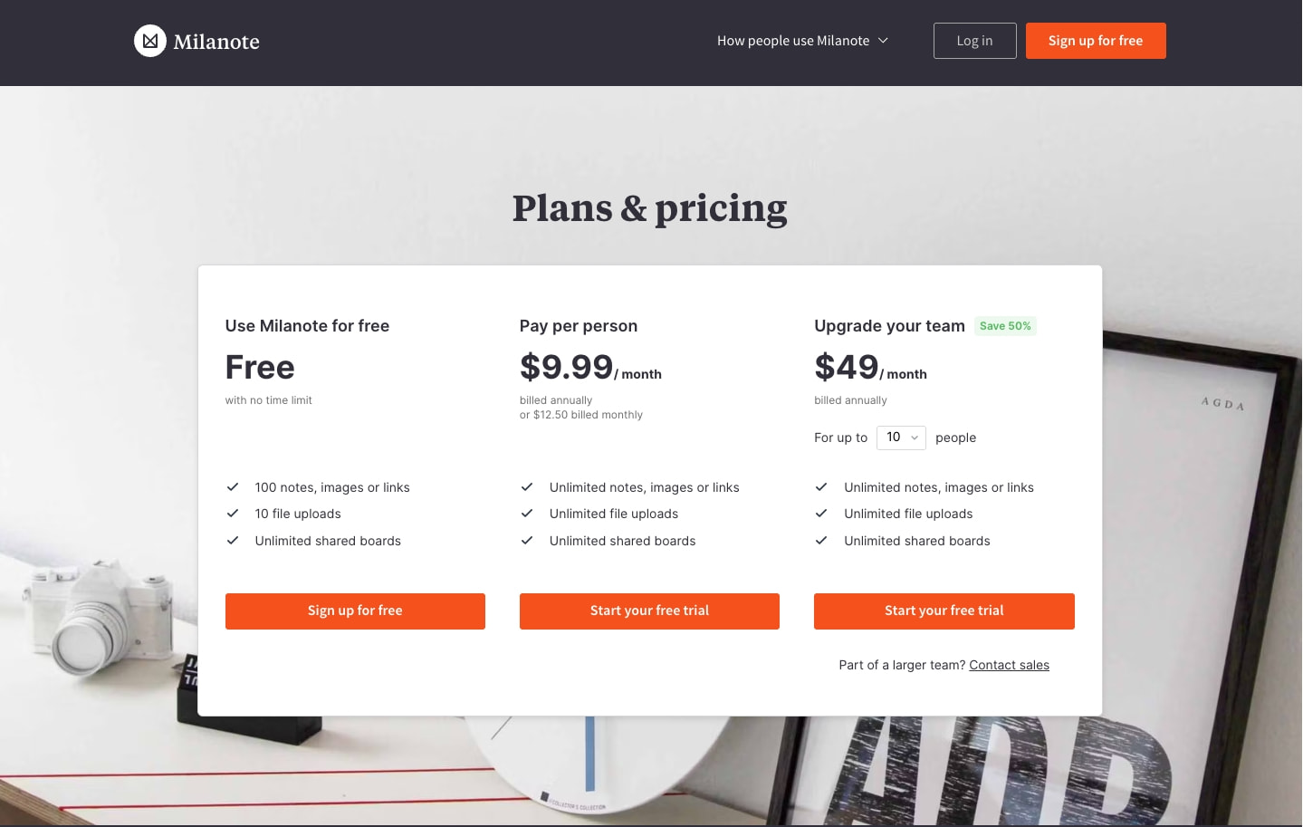 Plans & pricing - Milanote captured website design