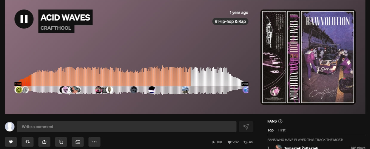 Track player page showing waveform visualization with orange progress bar, track artwork, and engagement metrics below a dark header with play controls. captured website design