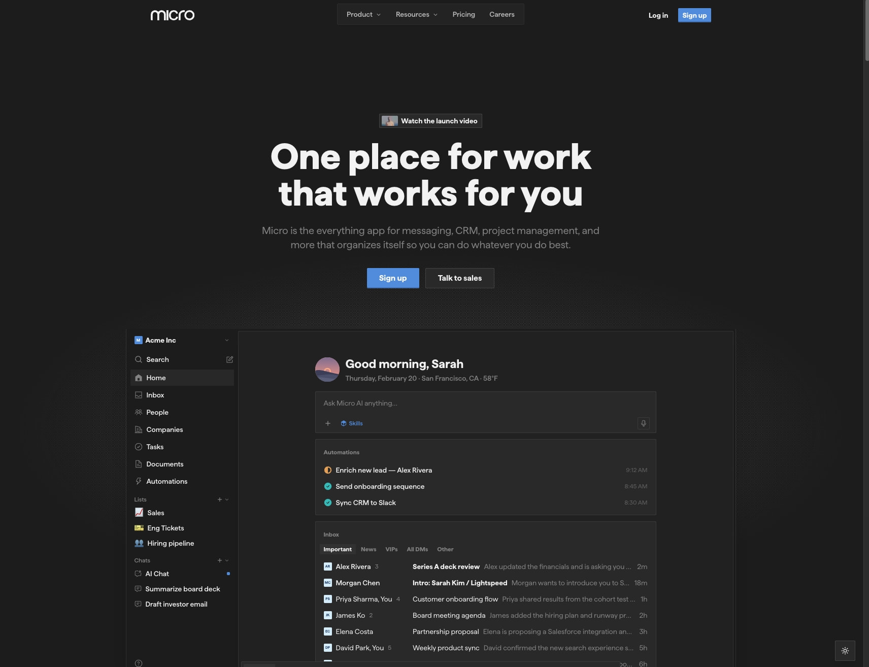 Micro — One place for email, CRM, meetings, tasks, and AI captured website design