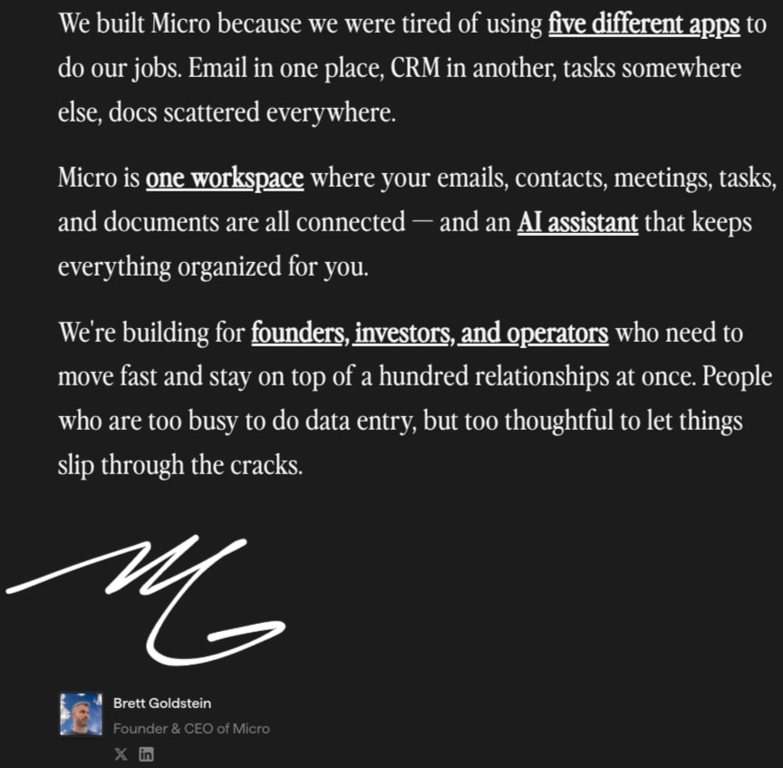 Micro — One place for email, CRM, meetings, tasks, and AI captured website design