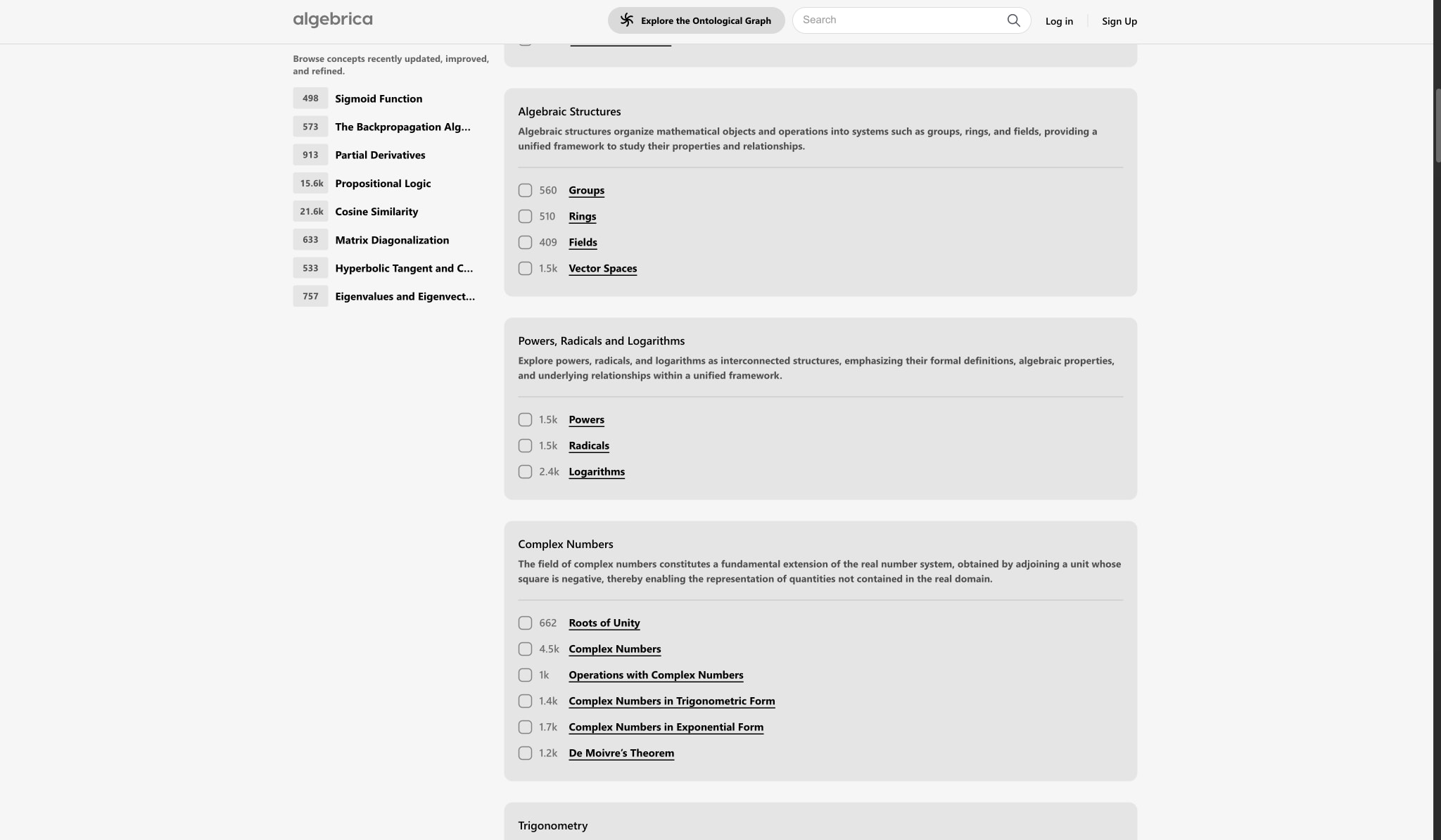 Algebrica | A Mathematical Knowledge Base captured website design