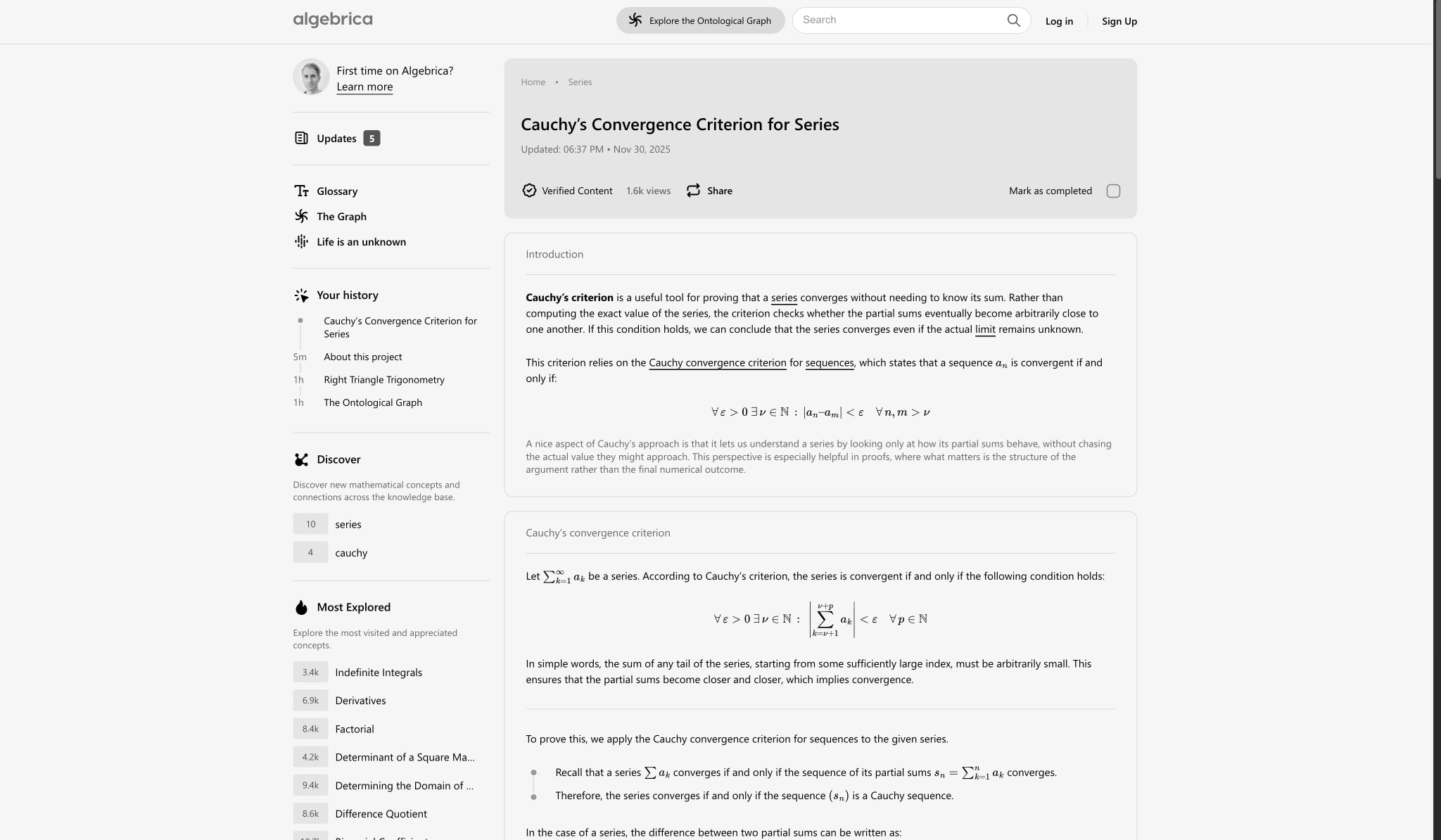 Cauchy’s Convergence Criterion for Series | Algebrica captured website design
